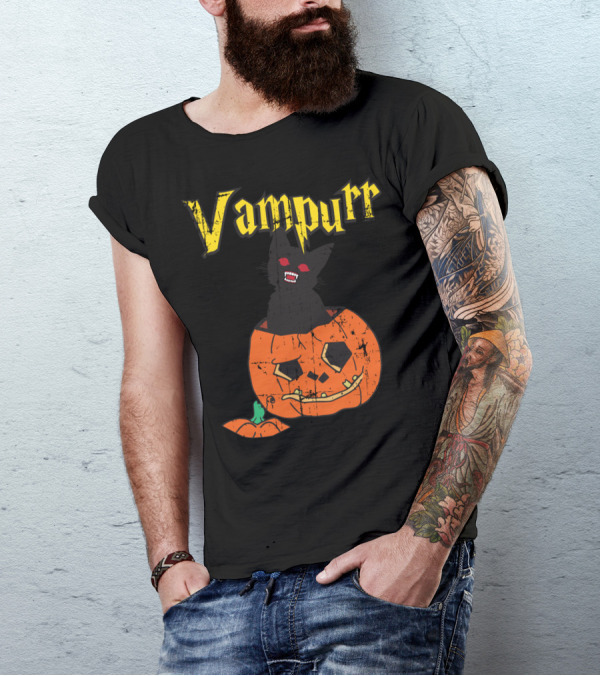Vampurr Cat In Pumpkin With Red Eyes Halloween Vampire T-Shirt