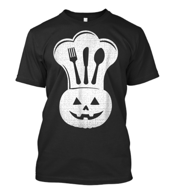 Funny Chef Cooks Uniform Halloween Costume Pumpkin Fork Spoon Chef Hat T-Shirt