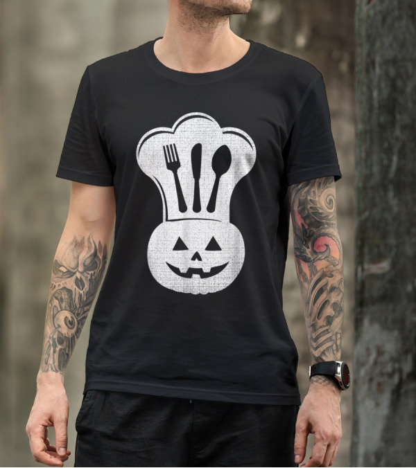 Funny Chef Cooks Uniform Halloween Costume Pumpkin Fork Spoon Chef Hat T-Shirt