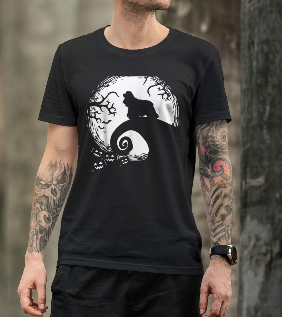 Funny Cocker Spaniel On Spiral Hill With Moon And Halloween Elements T-Shirt