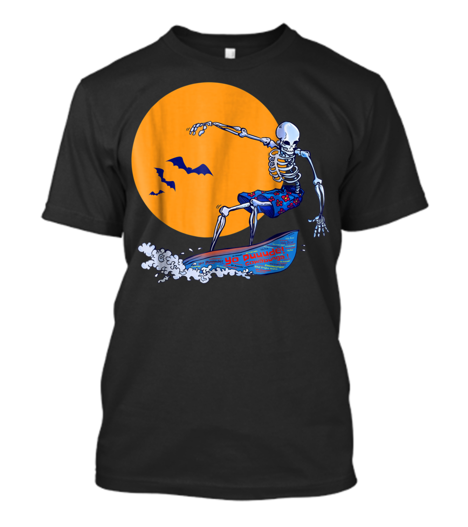 Yo Duuude Cowabunga Creepy Surfing Skeleton With Bats T-Shirt