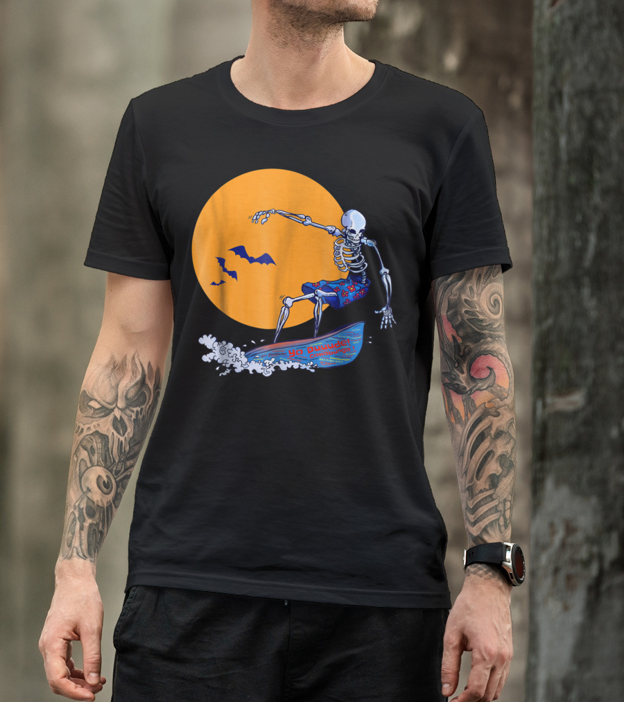 Yo Duuude Cowabunga Creepy Surfing Skeleton With Bats T-Shirt
