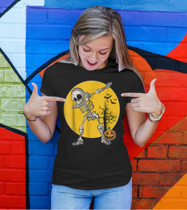 Funny Dabbing Skeleton Halloween Dab Pumpkin Bats Moon T-Shirt