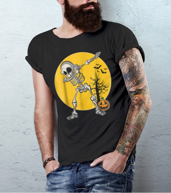 Funny Dabbing Skeleton Halloween Dab Pumpkin Bats Moon T-Shirt