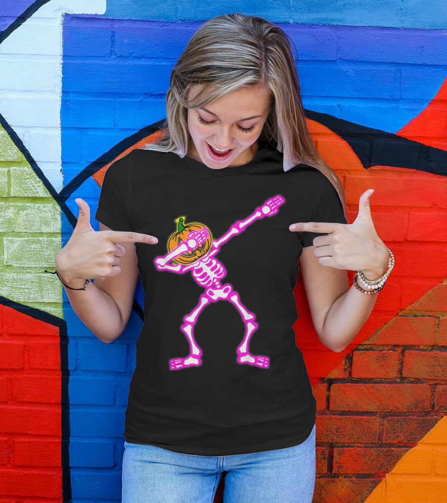 Funny Dabbing Skeleton Halloween Pumpkin Dab Neon Glow T-Shirt