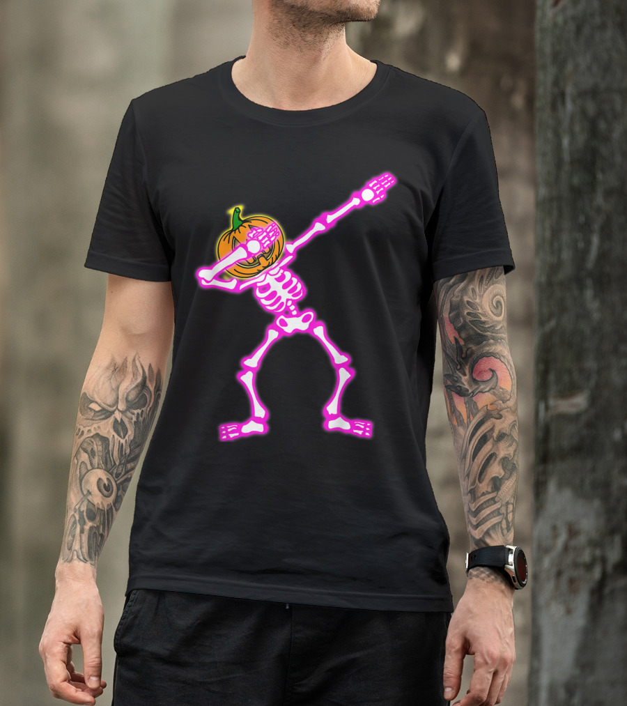 Funny Dabbing Skeleton Halloween Pumpkin Dab Neon Glow T-Shirt