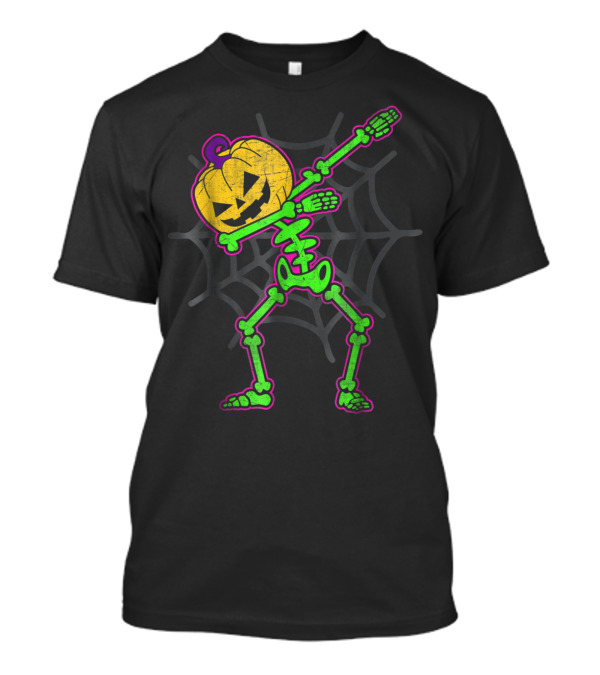 Funny Skeleton Pumpkin Halloween Dab With Spiderweb Background T-Shirt