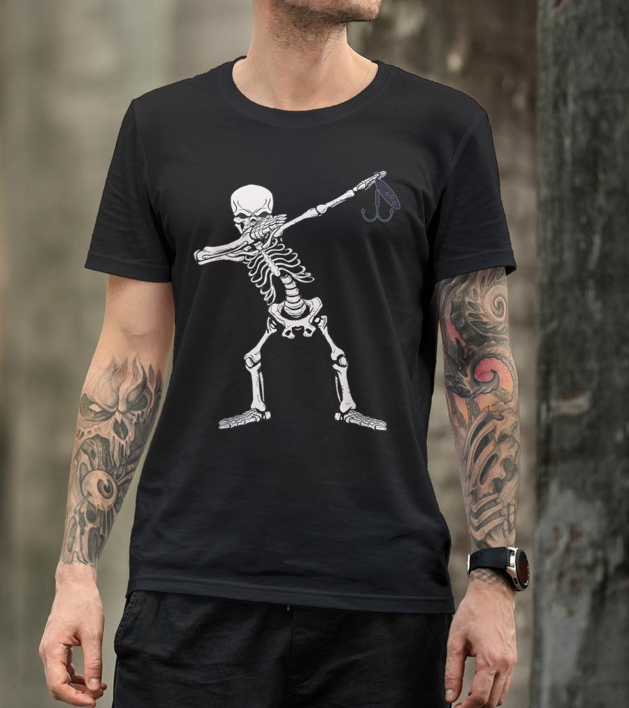 Dabbing Skeleton With Fishing Hook Halloween Humor T-Shirt