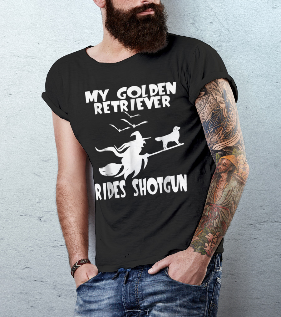 My Golden Retriever Rides Shotgun Halloween Witch Broom Bats T-Shirt
