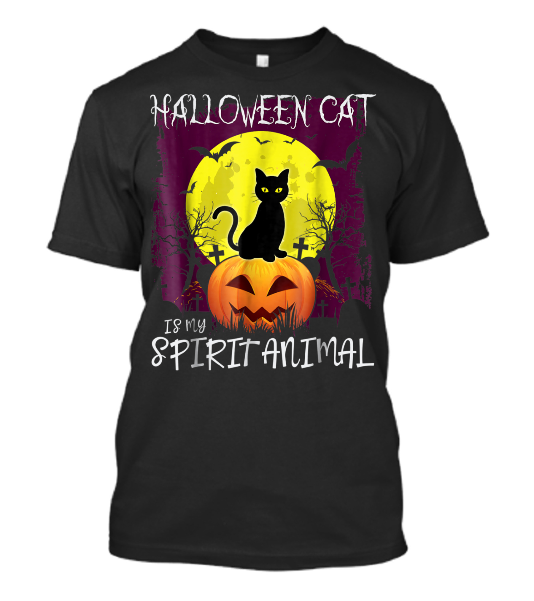Halloween Cat Is My Spirit Animal Kitty Jack-O'-Lantern Moon Bats T-Shirt