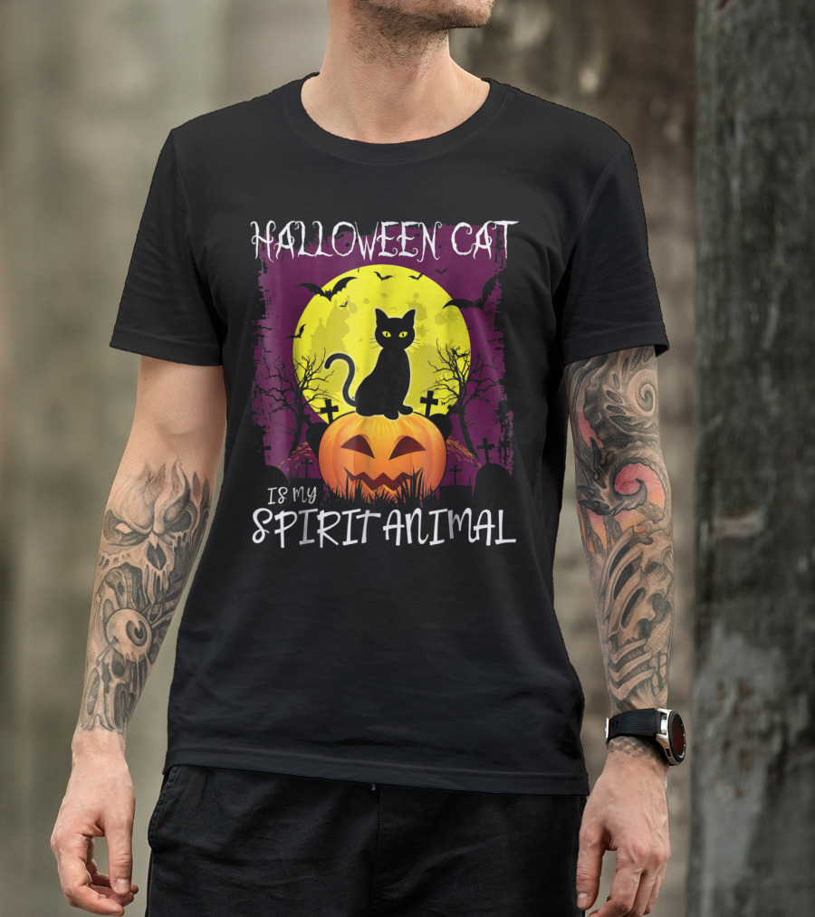 Halloween Cat Is My Spirit Animal Kitty Jack-O'-Lantern Moon Bats T-Shirt