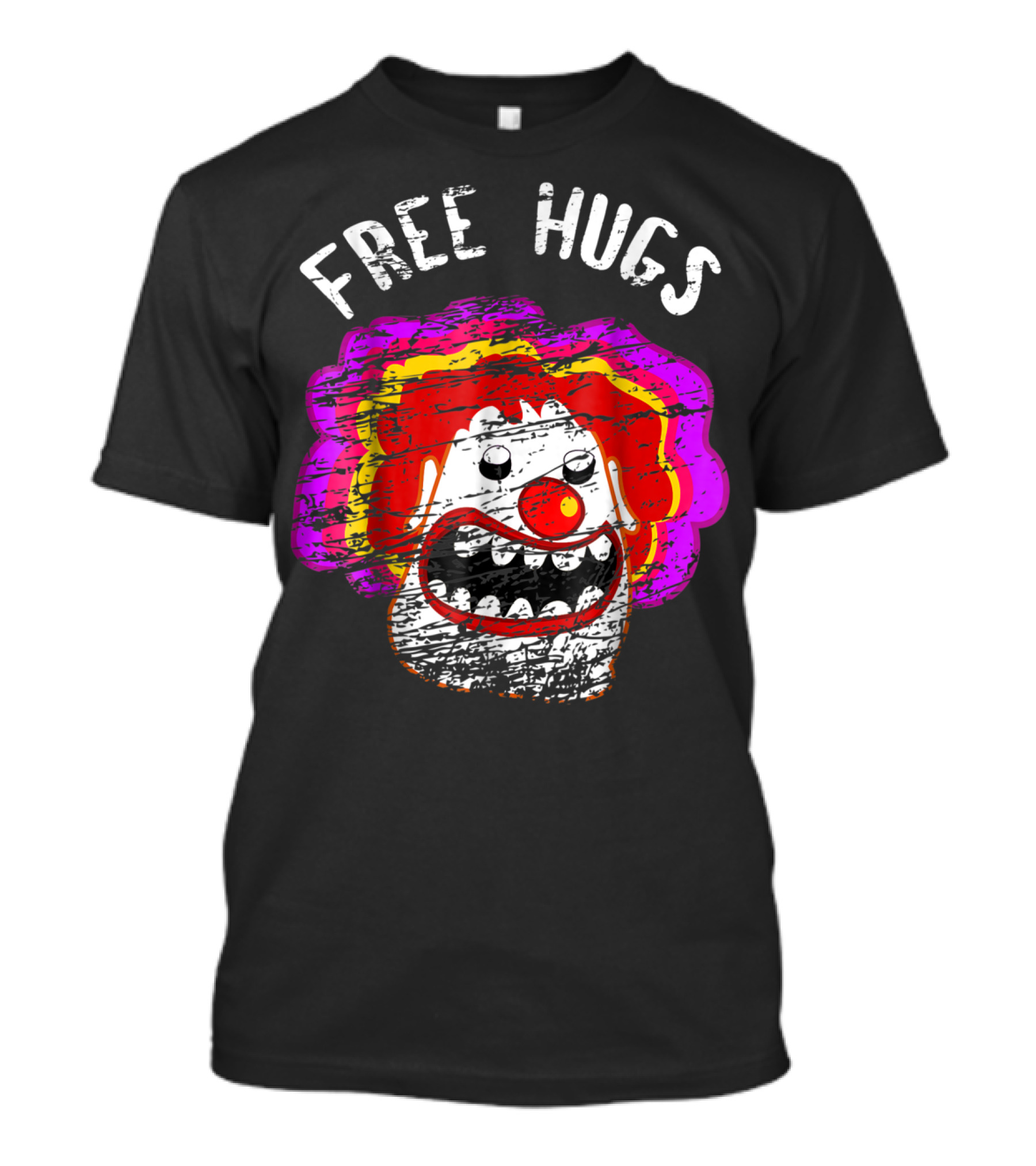 Free Hugs Funny Halloween Clown Face With Red Nose And Colorful Hair T-Shirt