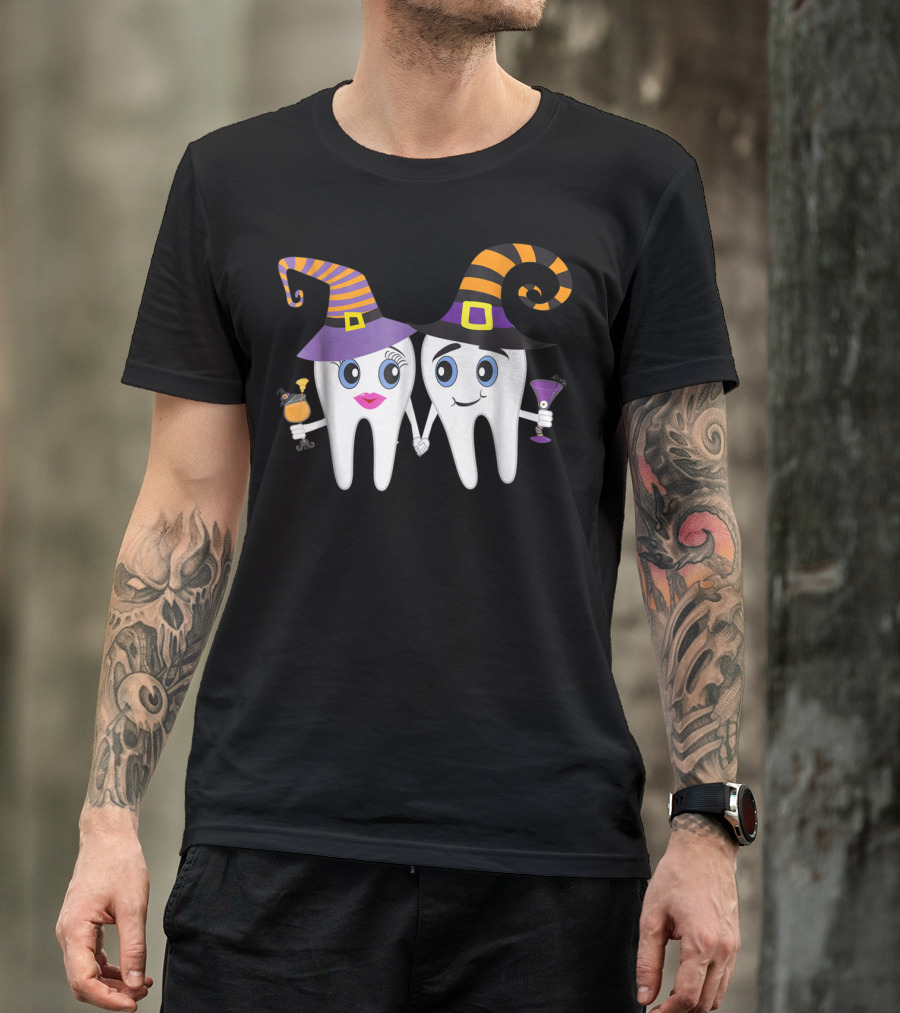 Funny Halloween Dentist Witch Teeth Holding Drinks T-Shirt