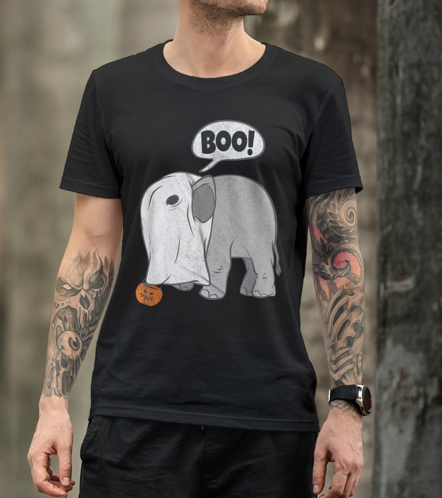 BOO Funny Halloween Elephant Ghost With Pumpkin T-Shirt
