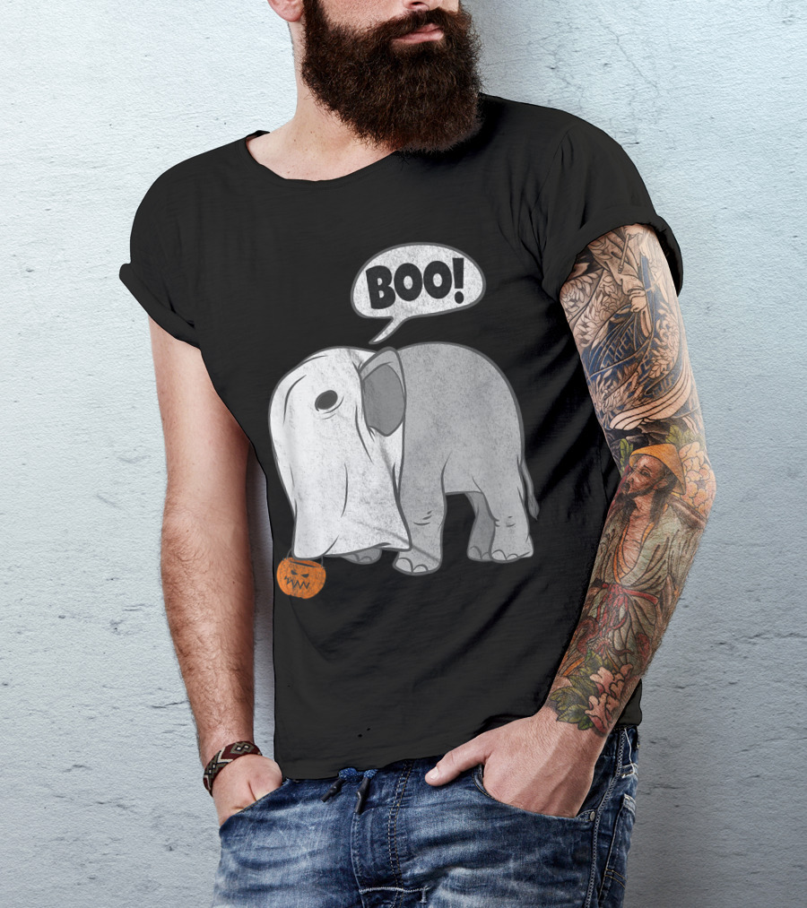 BOO Funny Halloween Elephant Ghost With Pumpkin T-Shirt