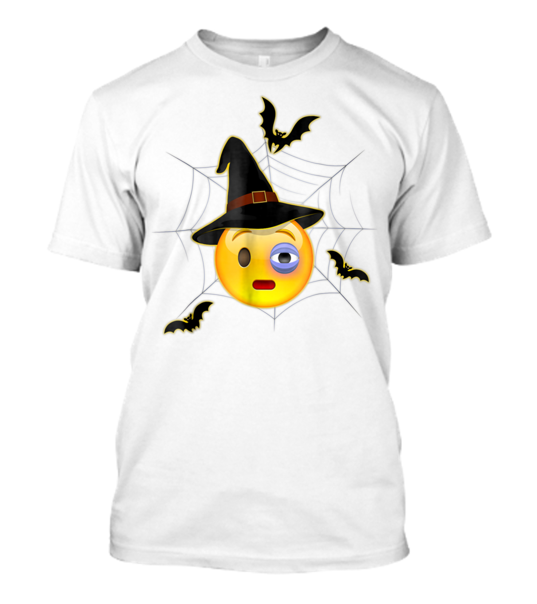 Halloween Emoji Witch Hat Flushed Face With Bats And Spider Web T-Shirt