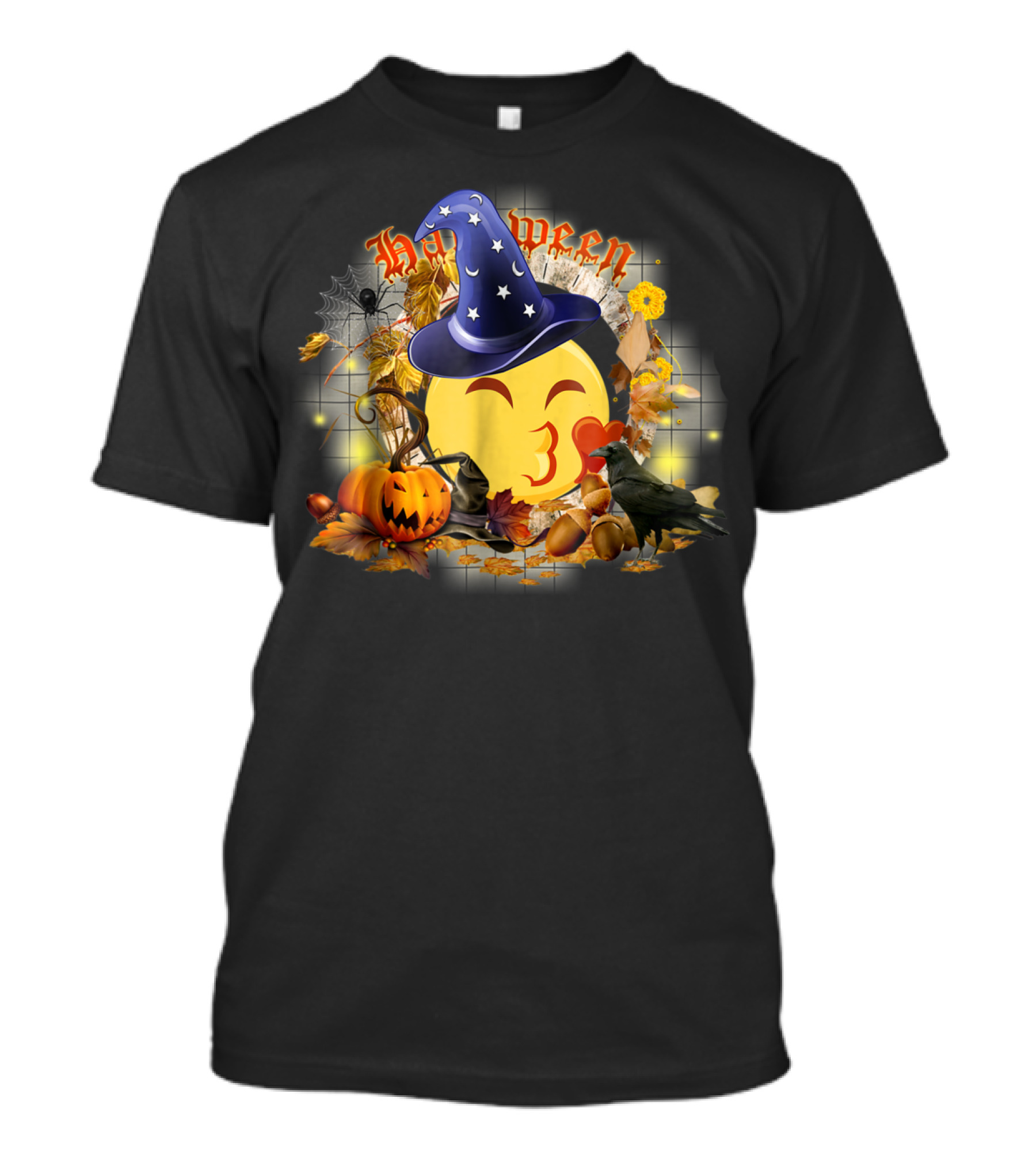 Halloween Emoji Witch Nerd Kissy Face Pumpkin Raven Spiderweb T-Shirt