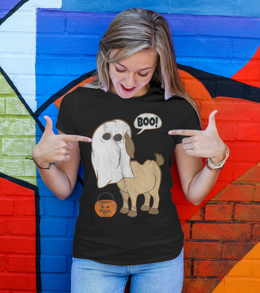 Ghostly Goat Halloween Costume With Pumpkin And Boo Phrase T-Shirt