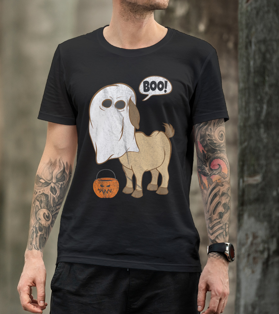 Ghostly Goat Halloween Costume With Pumpkin And Boo Phrase T-Shirt