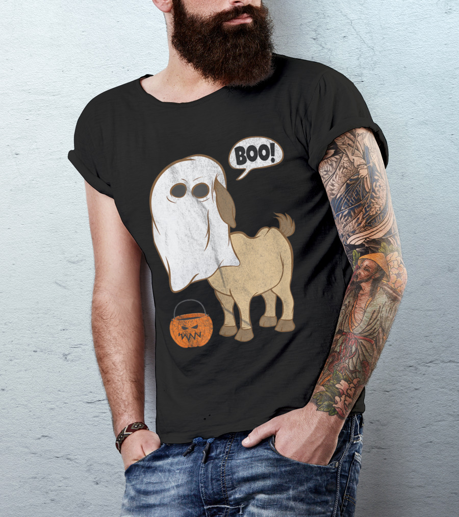 Ghostly Goat Halloween Costume With Pumpkin And Boo Phrase T-Shirt