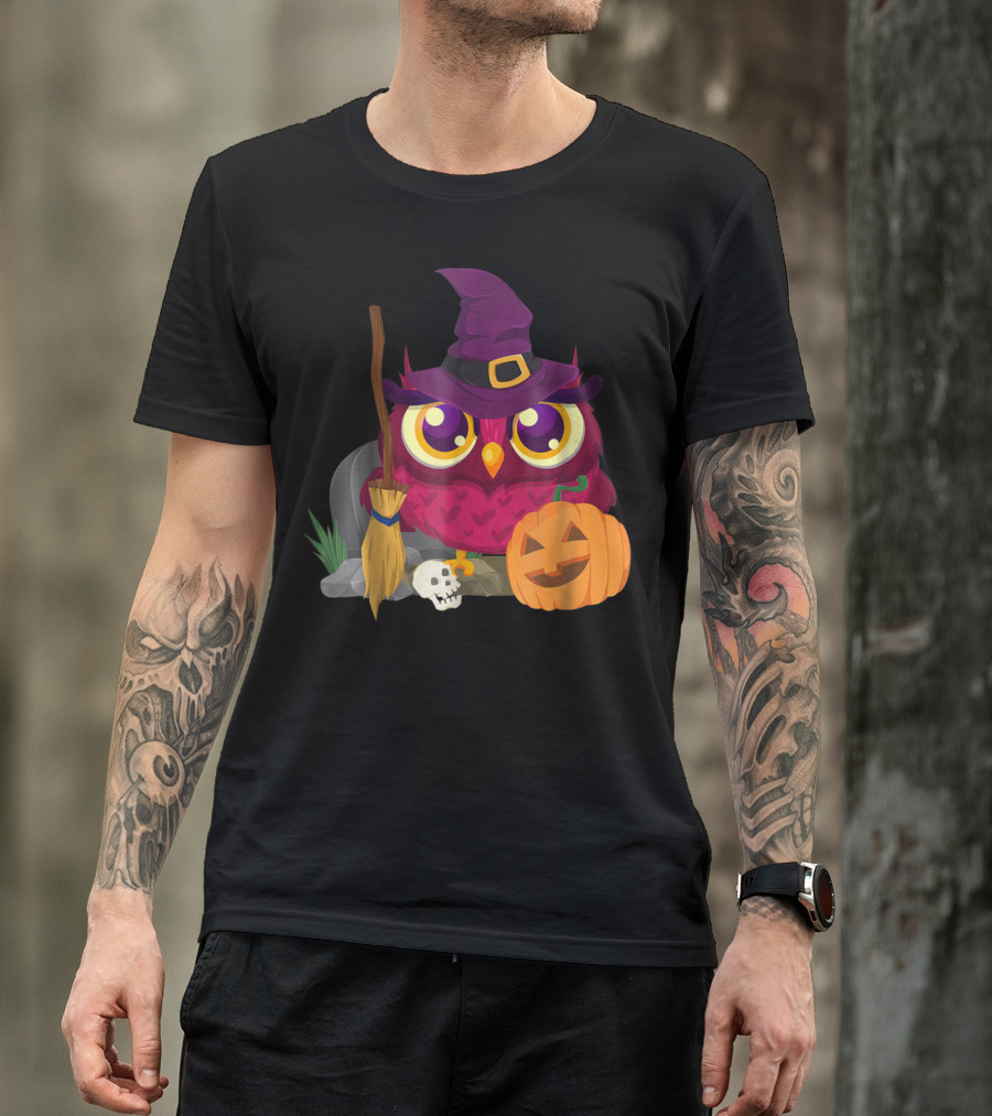 Funny Halloween Owl Witch Hat Broomstick Pumpkin Skull T-Shirt