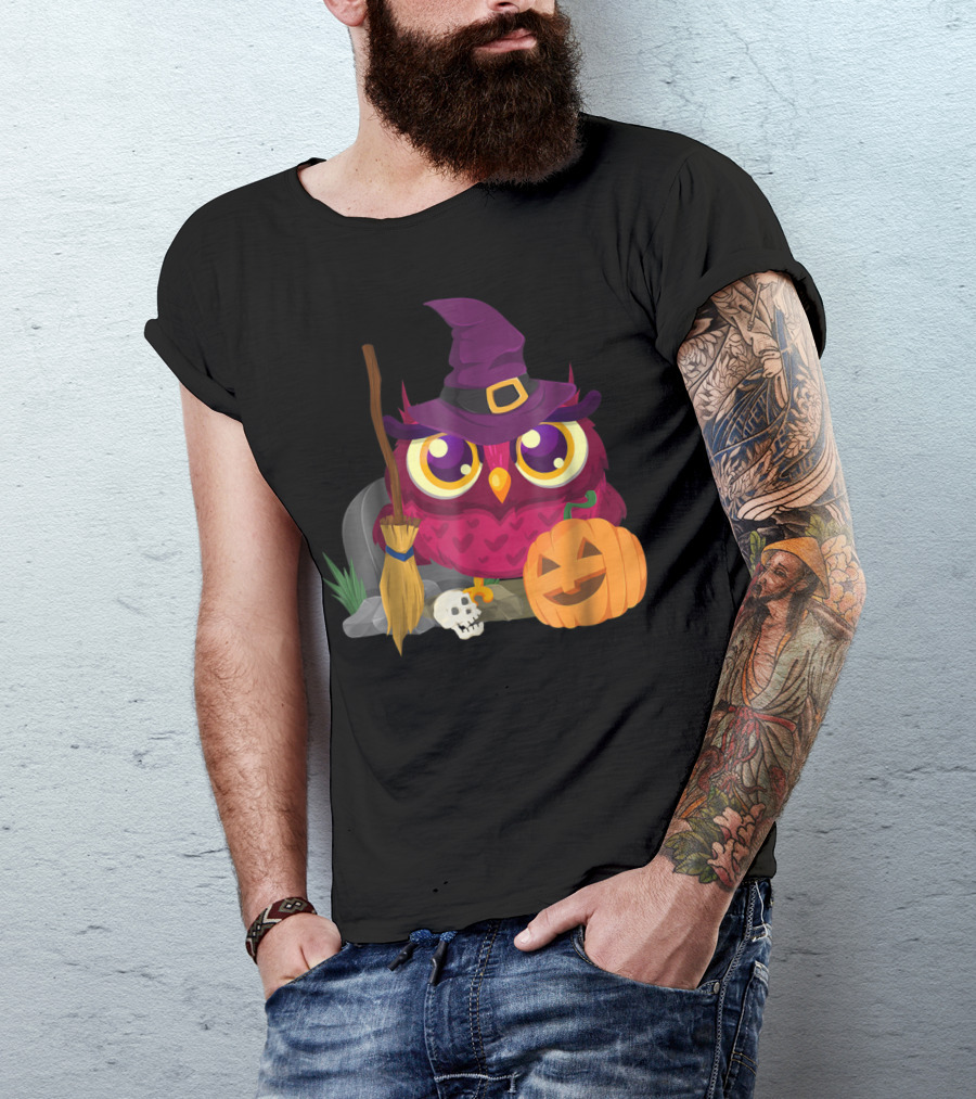 Funny Halloween Owl Witch Hat Broomstick Pumpkin Skull T-Shirt