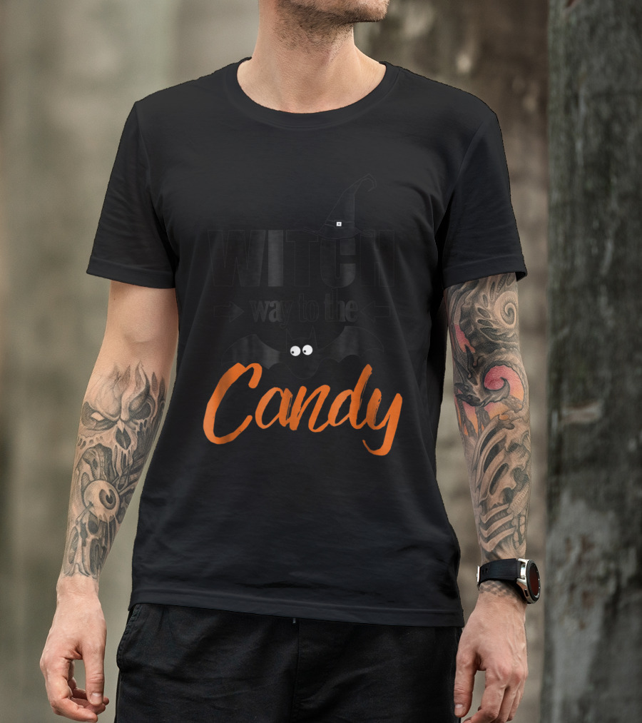 Funny Halloween Kids Witch Way To The Candy Bat And Hat T-Shirt