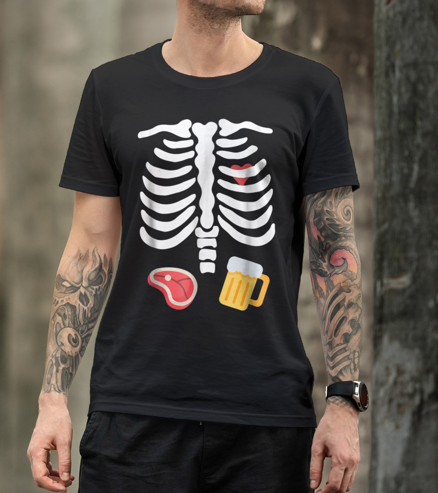 Skeleton Ribs Heart Steak Beer Funny Halloween T-Shirt