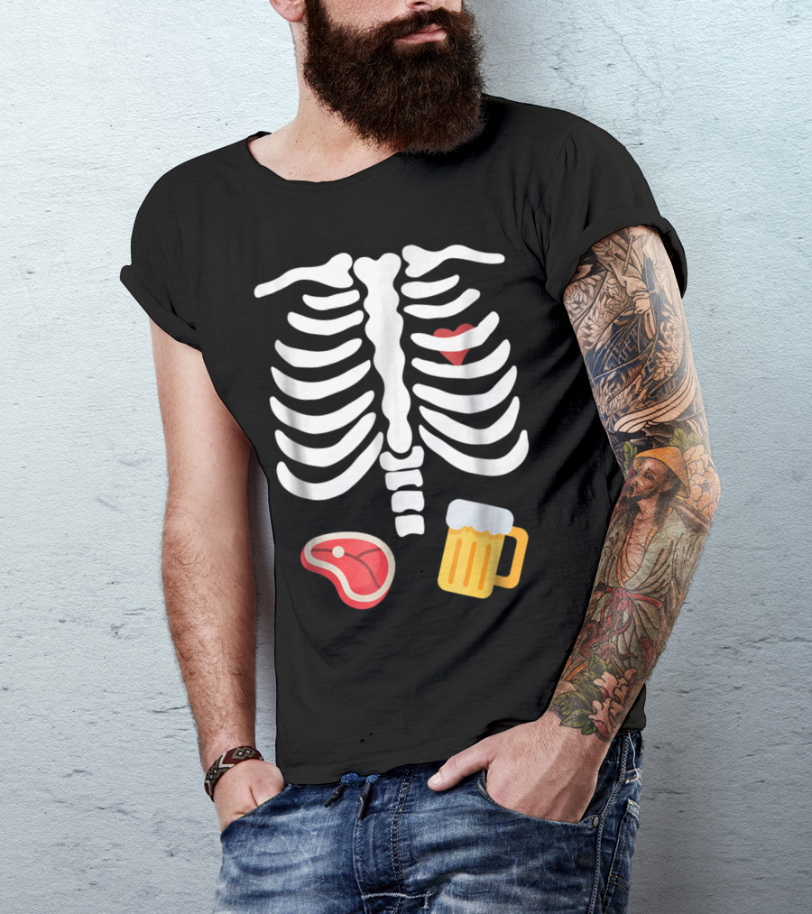 Skeleton Ribs Heart Steak Beer Funny Halloween T-Shirt