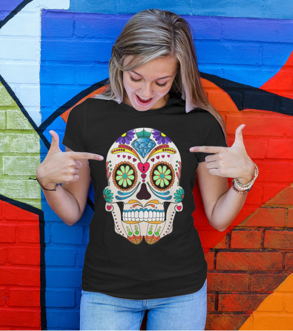 Funny Halloween Colorful Sugar Skull With Vibrant Floral T-Shirt