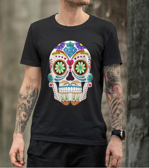 Funny Halloween Colorful Sugar Skull With Vibrant Floral T-Shirt