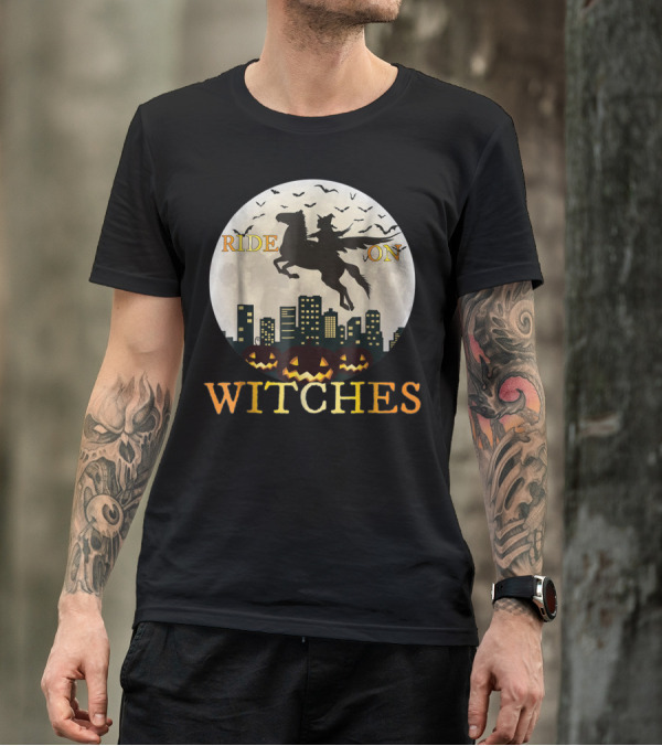 Ride On Witches Halloween Witch Horse Jack O' Lantern Cityscape T-Shirt