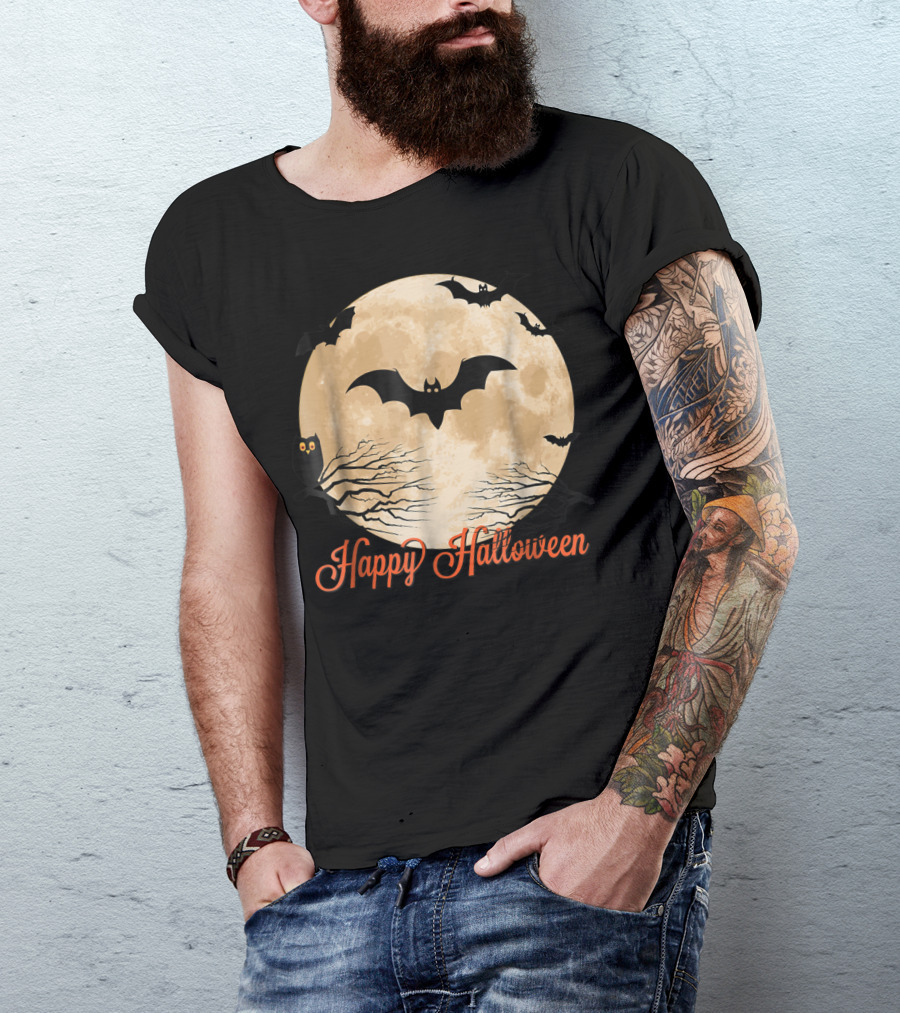 Happy Halloween Moon With Bats And Owl T-Shirt