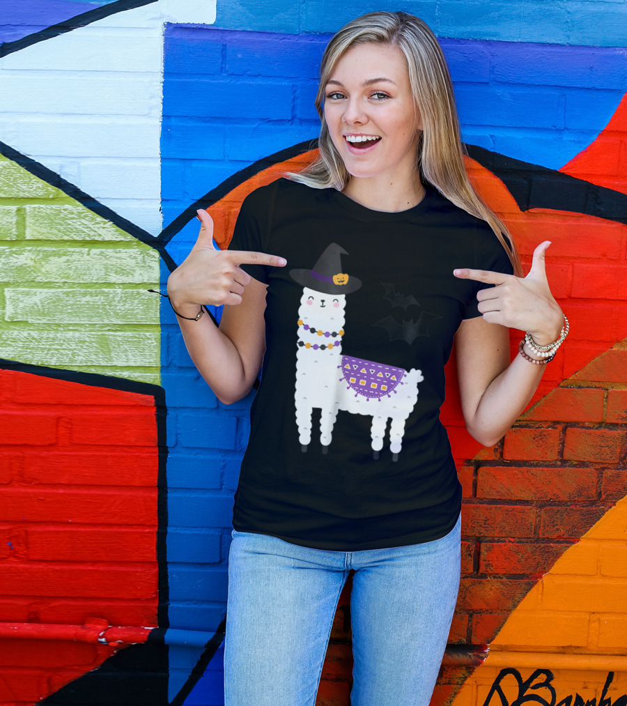 Funny Halloween Witch Llama With Bats And Alpaca Elements T-Shirt
