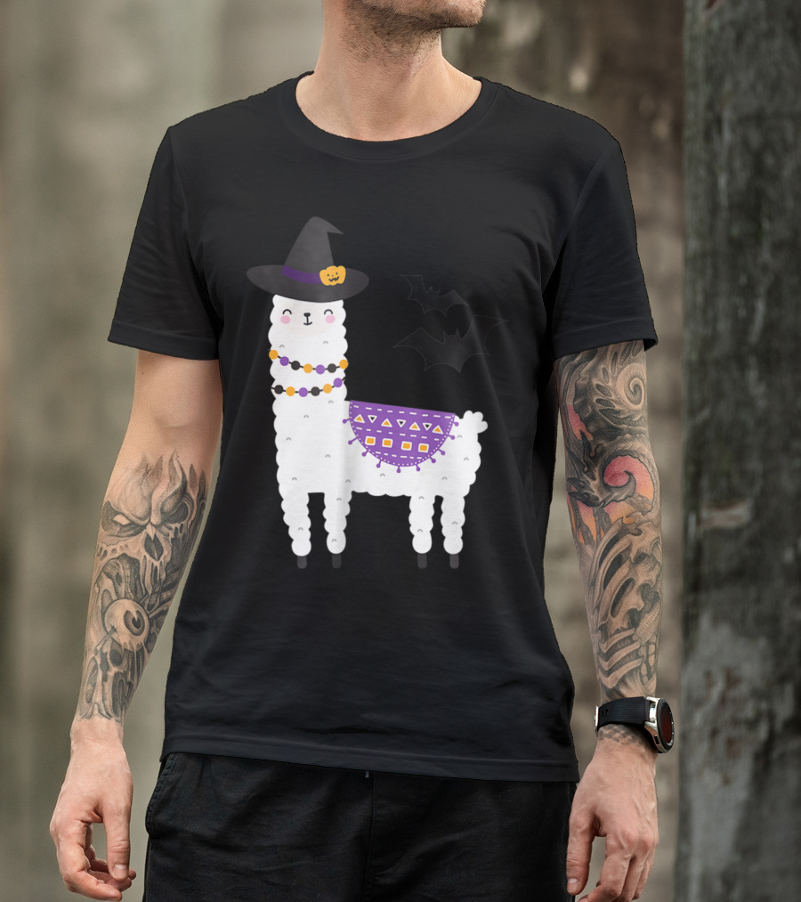 Funny Halloween Witch Llama With Bats And Alpaca Elements T-Shirt