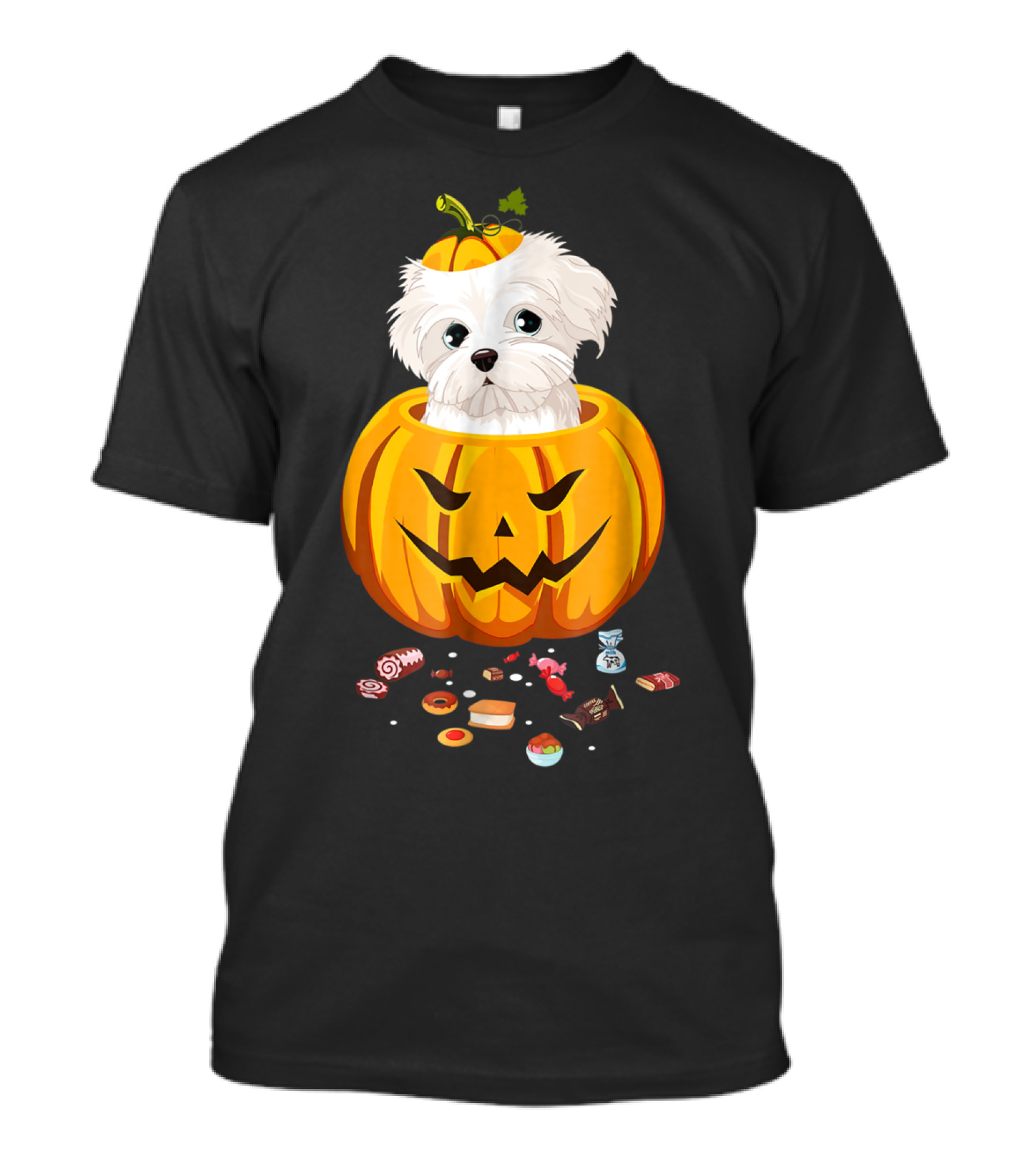 Maltese Dog In Jack-o'-Lantern Pumpkin With Halloween Candy T-Shirt