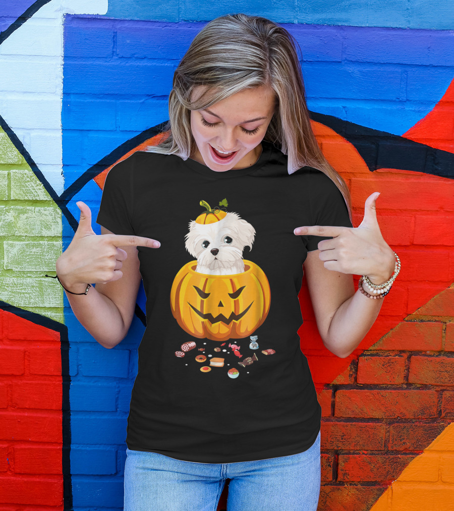 Maltese Dog In Jack-o'-Lantern Pumpkin With Halloween Candy T-Shirt