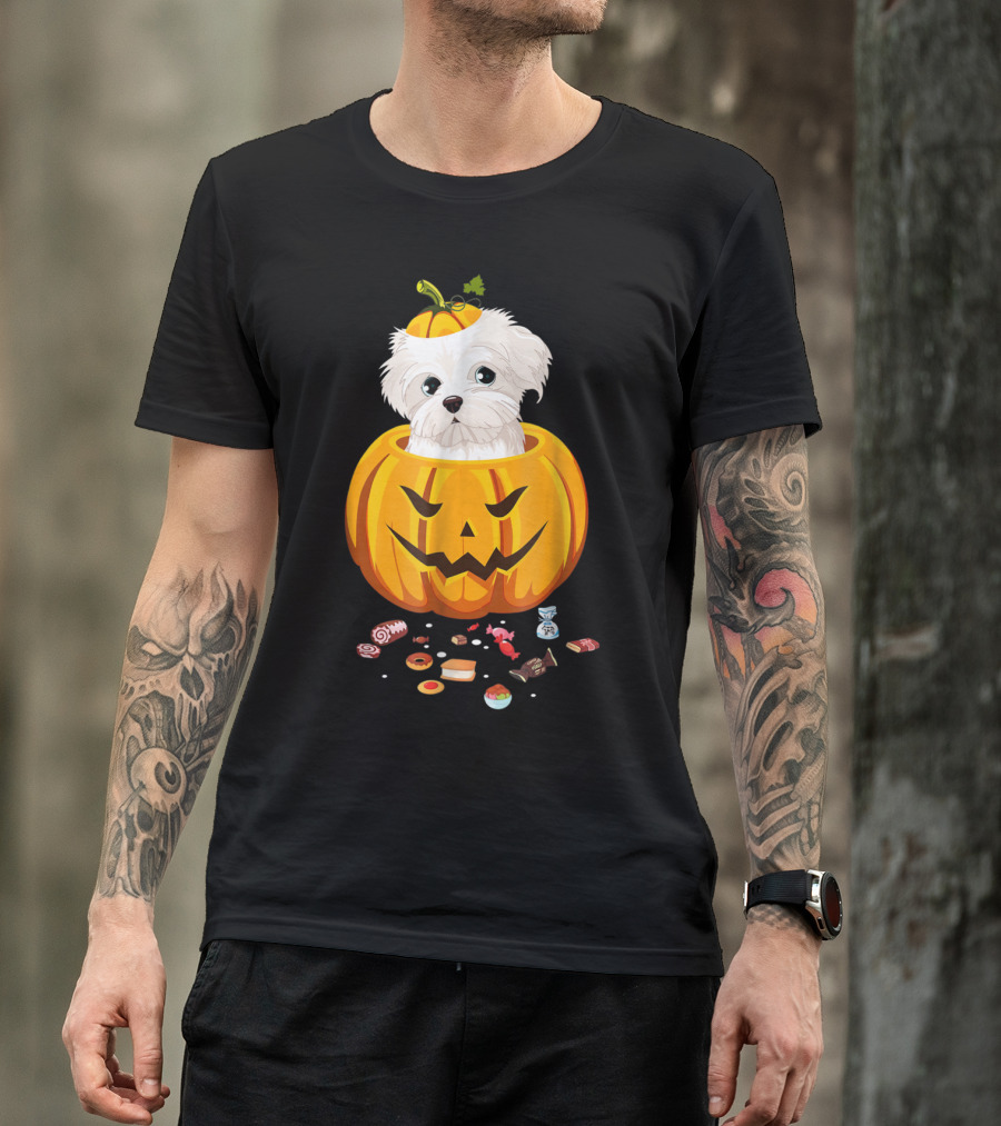 Maltese Dog In Jack-o'-Lantern Pumpkin With Halloween Candy T-Shirt