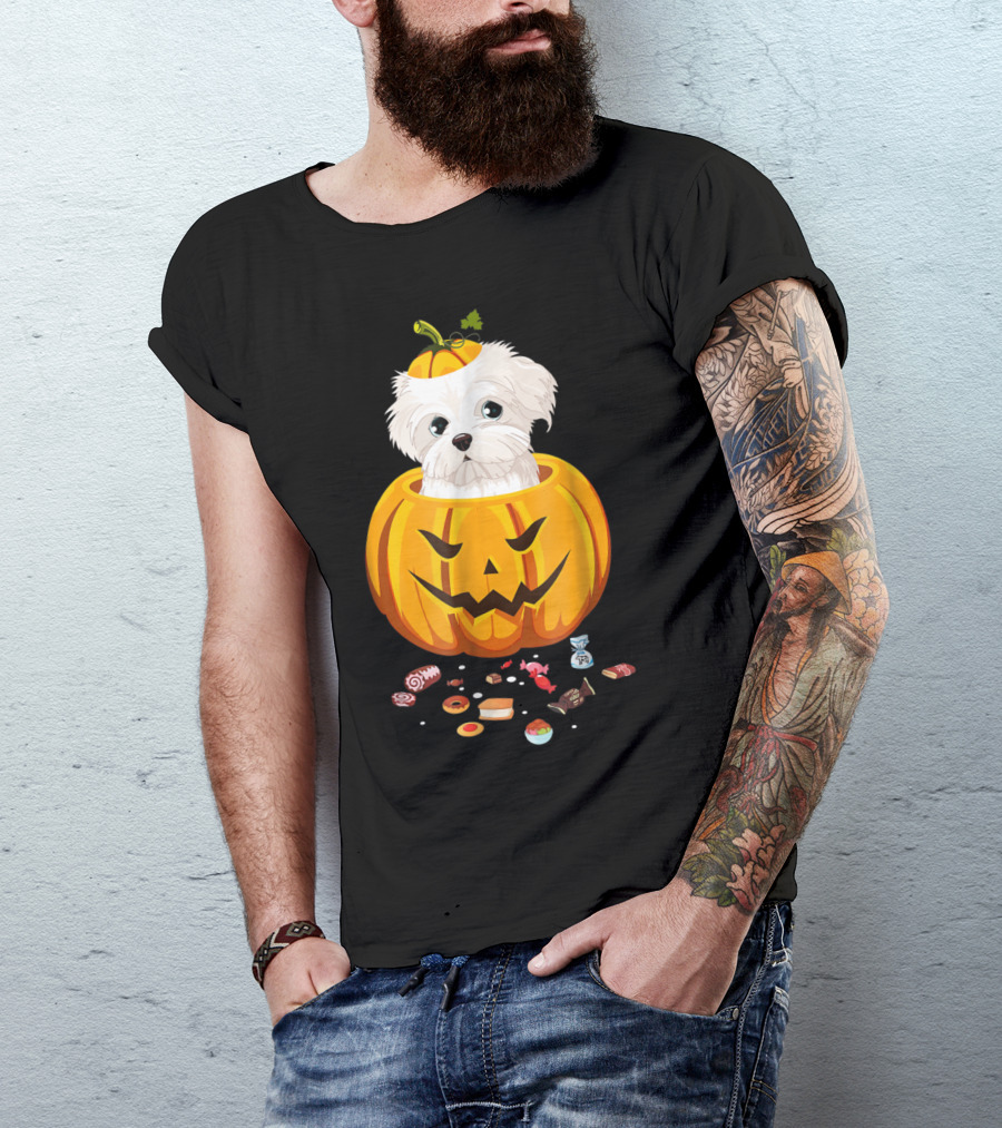Maltese Dog In Jack-o'-Lantern Pumpkin With Halloween Candy T-Shirt