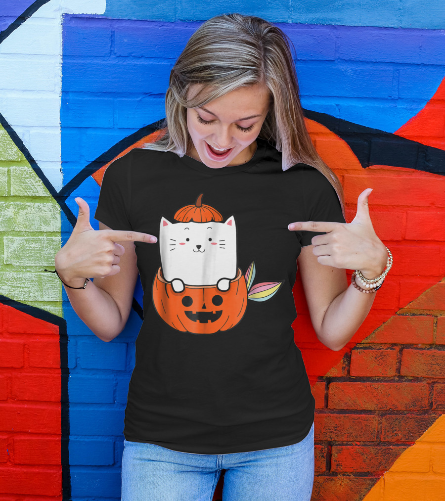 Rainbow Cat Mermaid Inside Halloween Pumpkin Jack-o'-Lantern T-Shirt