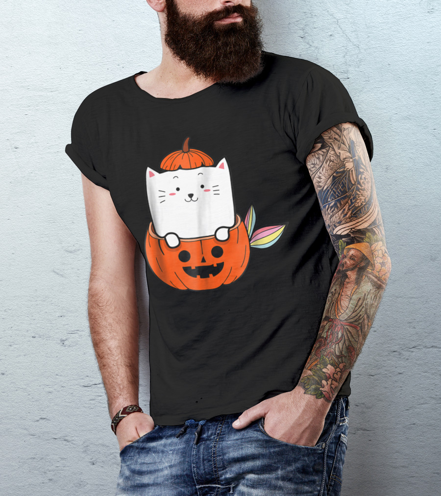 Rainbow Cat Mermaid Inside Halloween Pumpkin Jack-o'-Lantern T-Shirt
