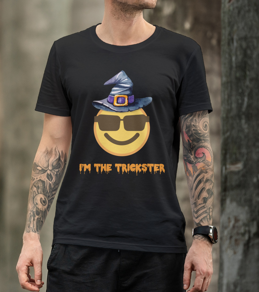 I'm The Trickster Funny Scary Halloween Emo With Witch Hat Emoji T-Shirt