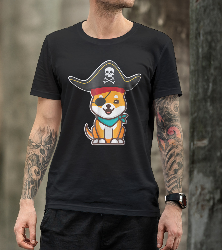 Shiba Inu Pirate Costume Halloween With Skull Hat And Eyepatch Dog T-Shirt