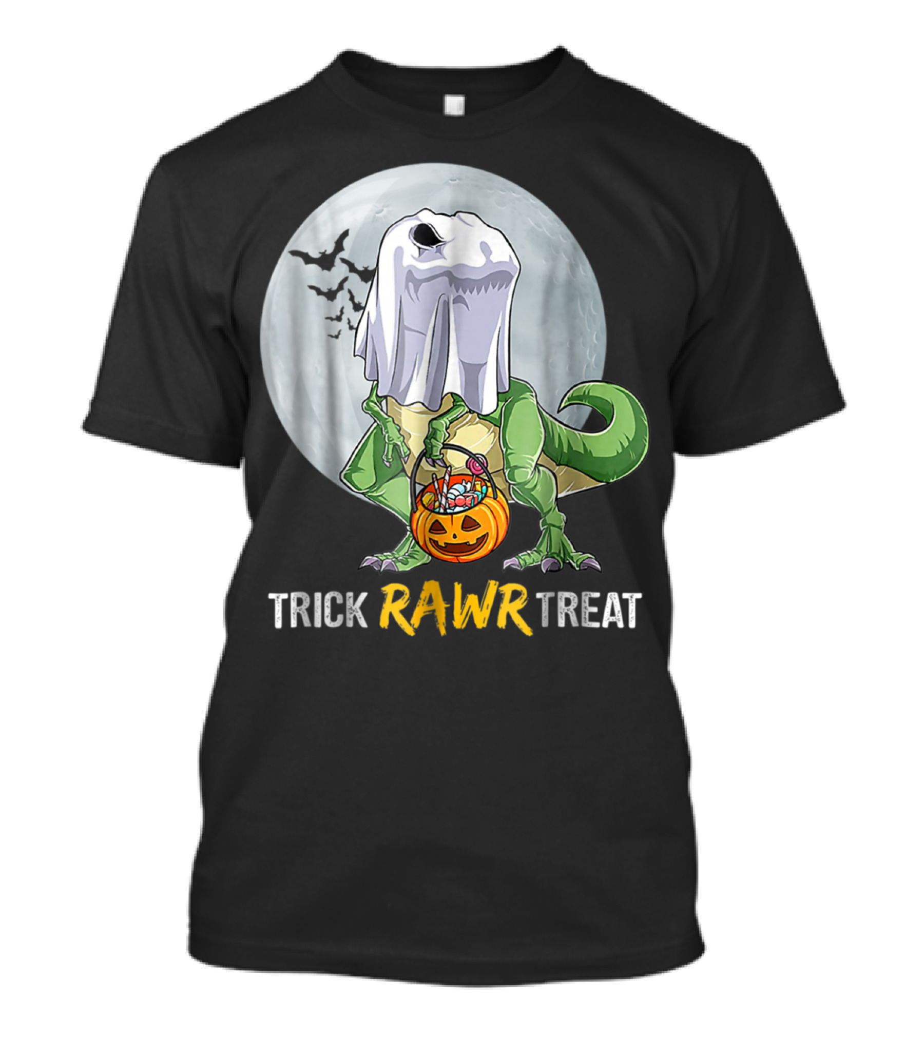Trick Rawr Treat Halloween T-Rex Dinosaur Ghost With Candy Pumpkin T-Shirt