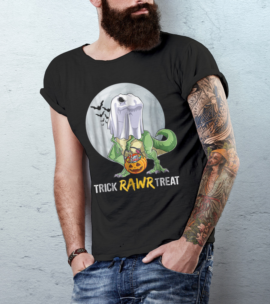 Trick Rawr Treat Halloween T-Rex Dinosaur Ghost With Candy Pumpkin T-Shirt