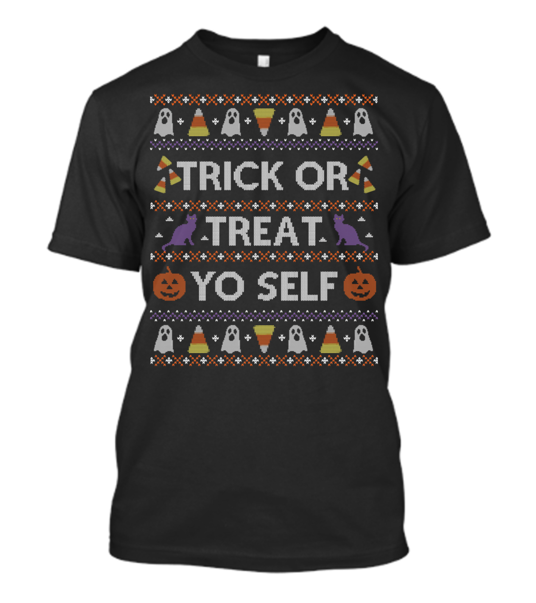 Trick Or Treat Yo Self Funny Ugly Halloween Ghost Pumpkin Black Cat T-Shirt