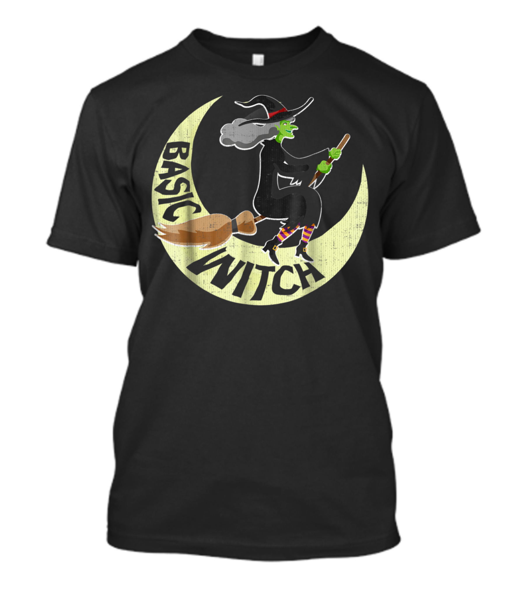 Funny Halloween Basic Witch Riding Broomstick Moon T-Shirt