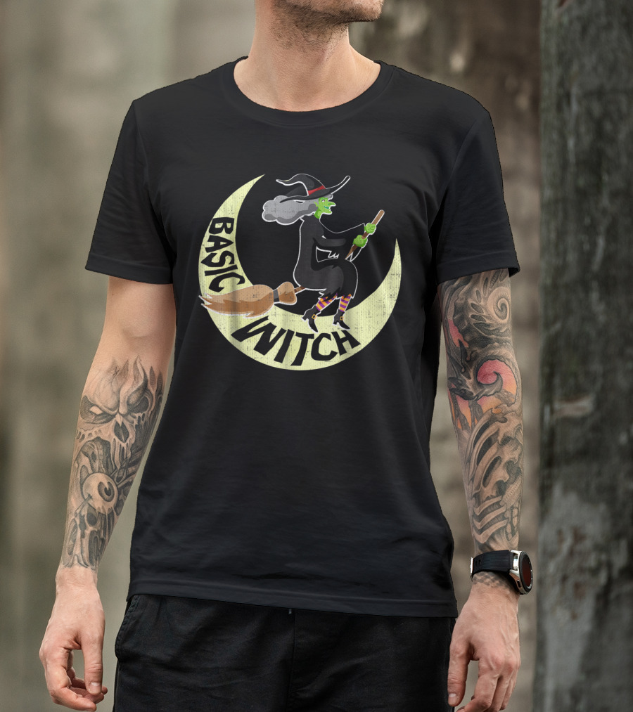 Funny Halloween Basic Witch Riding Broomstick Moon T-Shirt