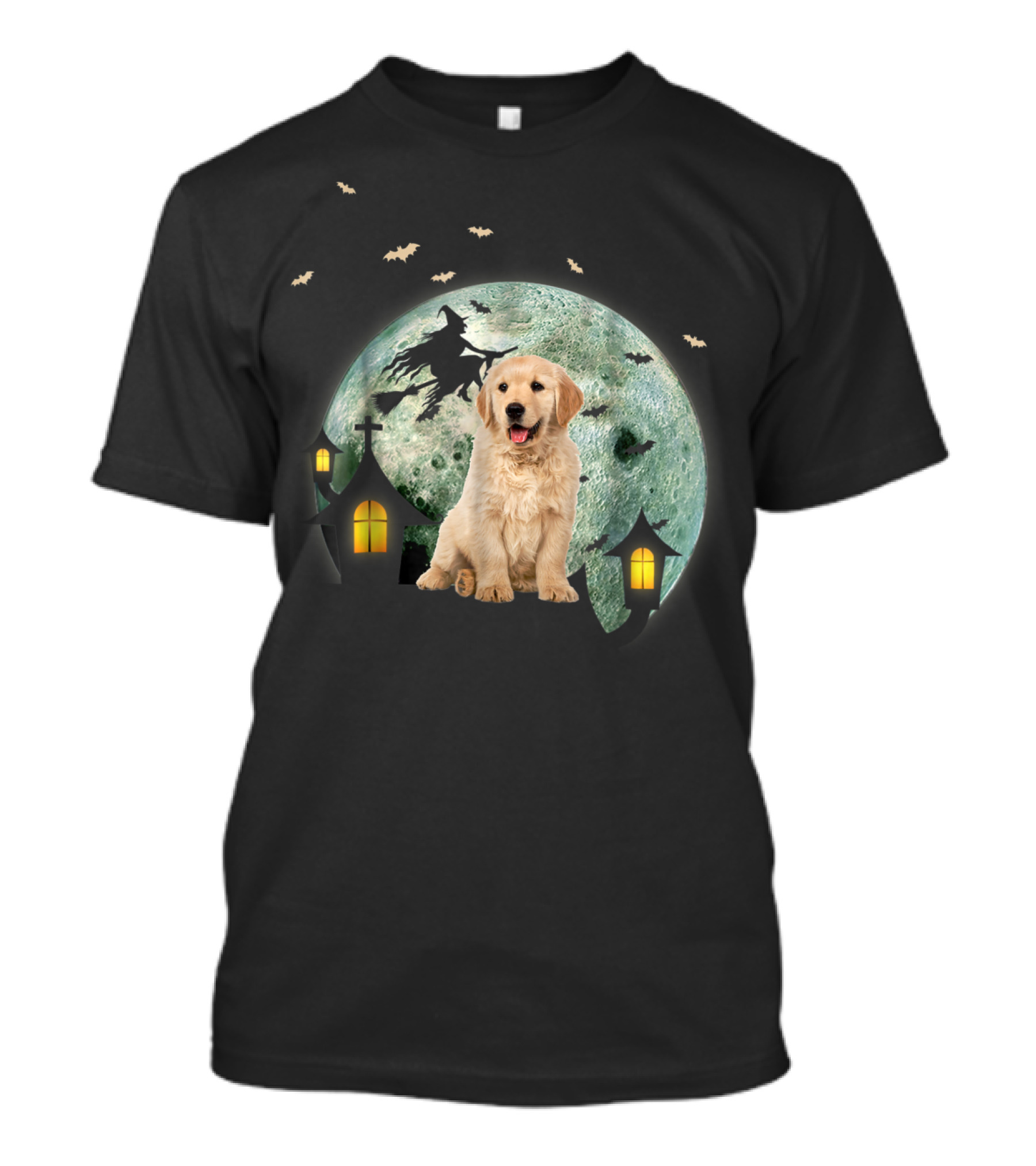 Golden Retriever Halloween Moon Witch Bats House T-Shirt