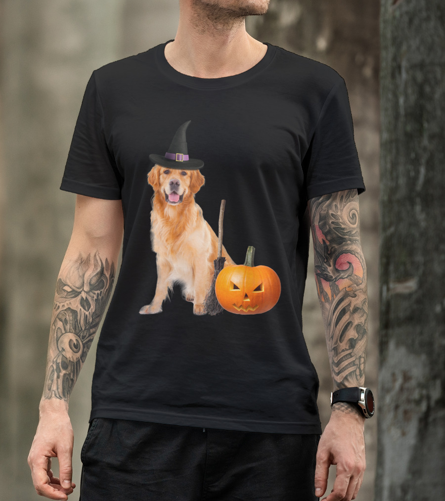 Golden Retriever Witch Hat Halloween Dog With Pumpkin And Broom T-Shirt